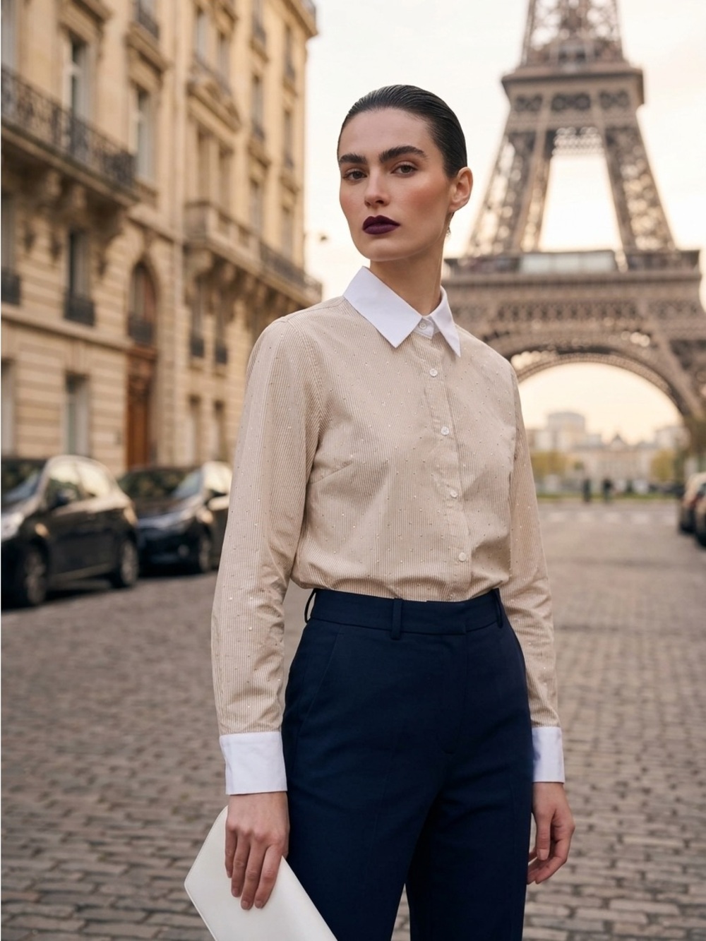 Sioni White-Collar Beige Striped Button Shirt with Shining silver Rhinestuds.